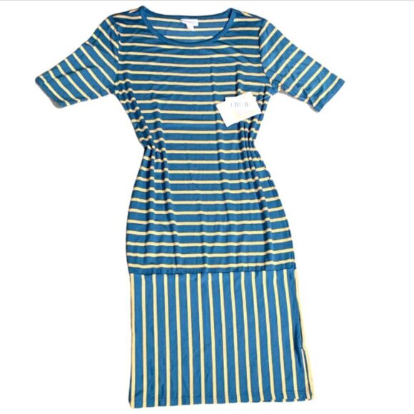 LulaRoe Julie Dress Sz S Blue Yellow Striped T-Shirt Sheath Dress 31F - Picture 5 of 8